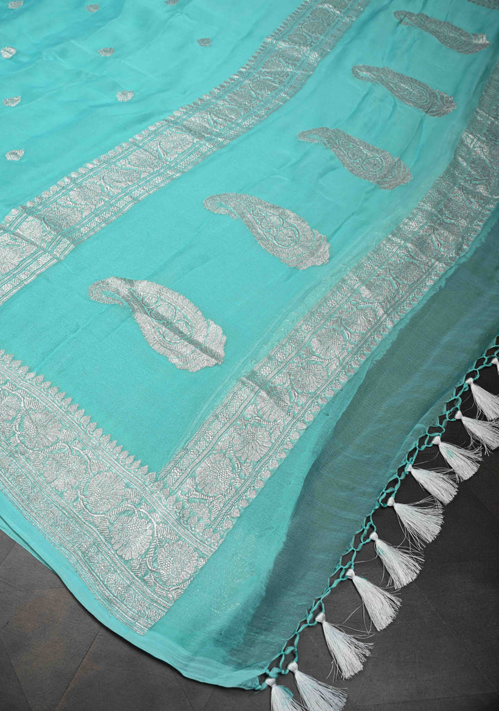Lagoon blue Pure Chiffon Silk Saree with Silver tone Zari Buttas and Border | SILK MARK CERTIFIED