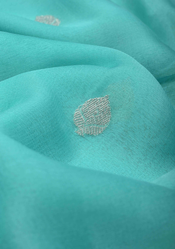 Lagoon blue Pure Chiffon Silk Saree with Silver tone Zari Buttas and Border | SILK MARK CERTIFIED