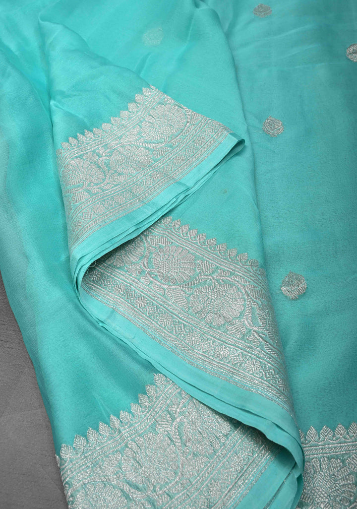 Lagoon blue Pure Chiffon Silk Saree with Silver tone Zari Buttas and Border | SILK MARK CERTIFIED