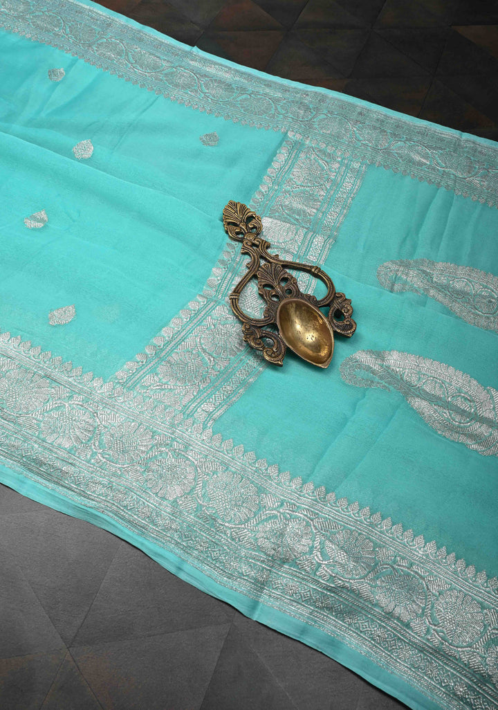Lagoon blue Pure Chiffon Silk Saree with Silver tone Zari Buttas and Border | SILK MARK CERTIFIED