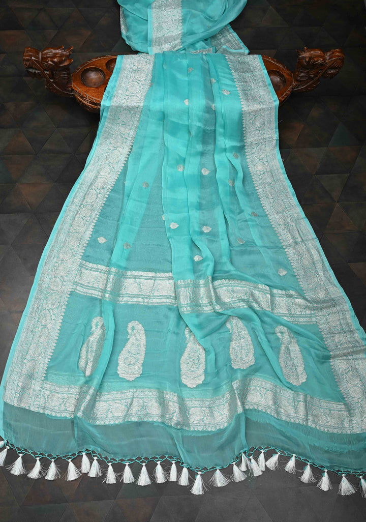 Lagoon blue Pure Chiffon Silk Saree with Silver tone Zari Buttas and Border | SILK MARK CERTIFIED