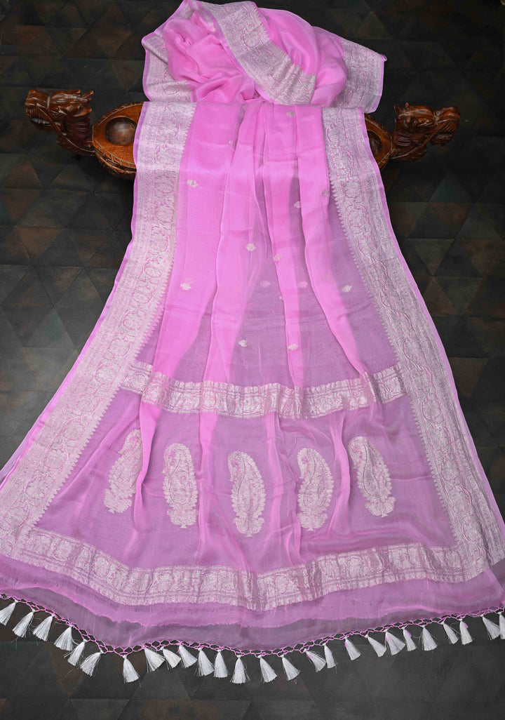 Thistle Pure Chiffon Silk Saree with Silver tone Zari Buttas and Border | SILK MARK CERTIFIED