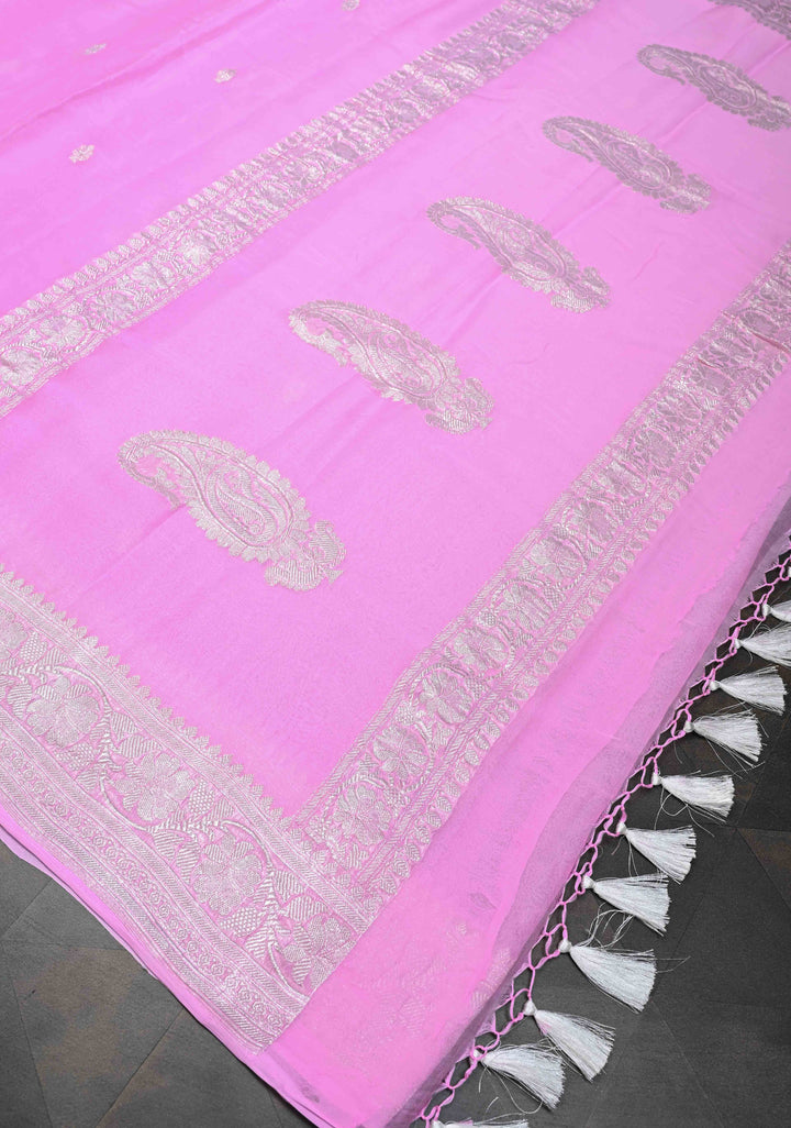 Thistle Pure Chiffon Silk Saree with Silver tone Zari Buttas and Border | SILK MARK CERTIFIED