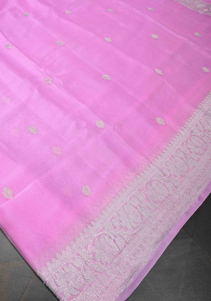 Thistle Pure Chiffon Silk Saree with Silver tone Zari Buttas and Border | SILK MARK CERTIFIED