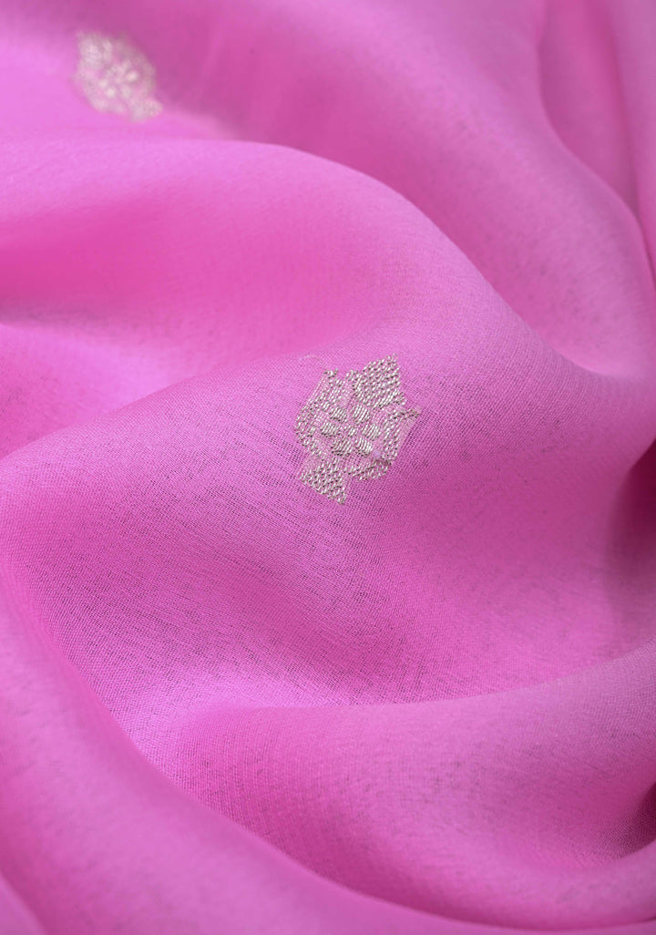 Thistle Pure Chiffon Silk Saree with Silver tone Zari Buttas and Border | SILK MARK CERTIFIED