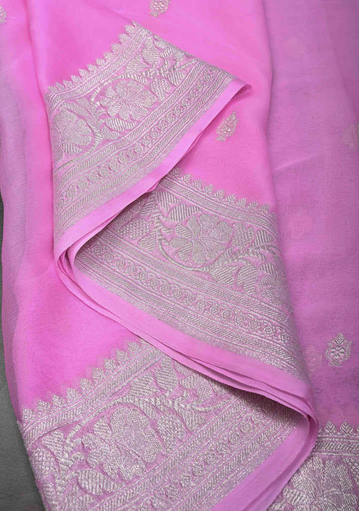 Thistle Pure Chiffon Silk Saree with Silver tone Zari Buttas and Border | SILK MARK CERTIFIED