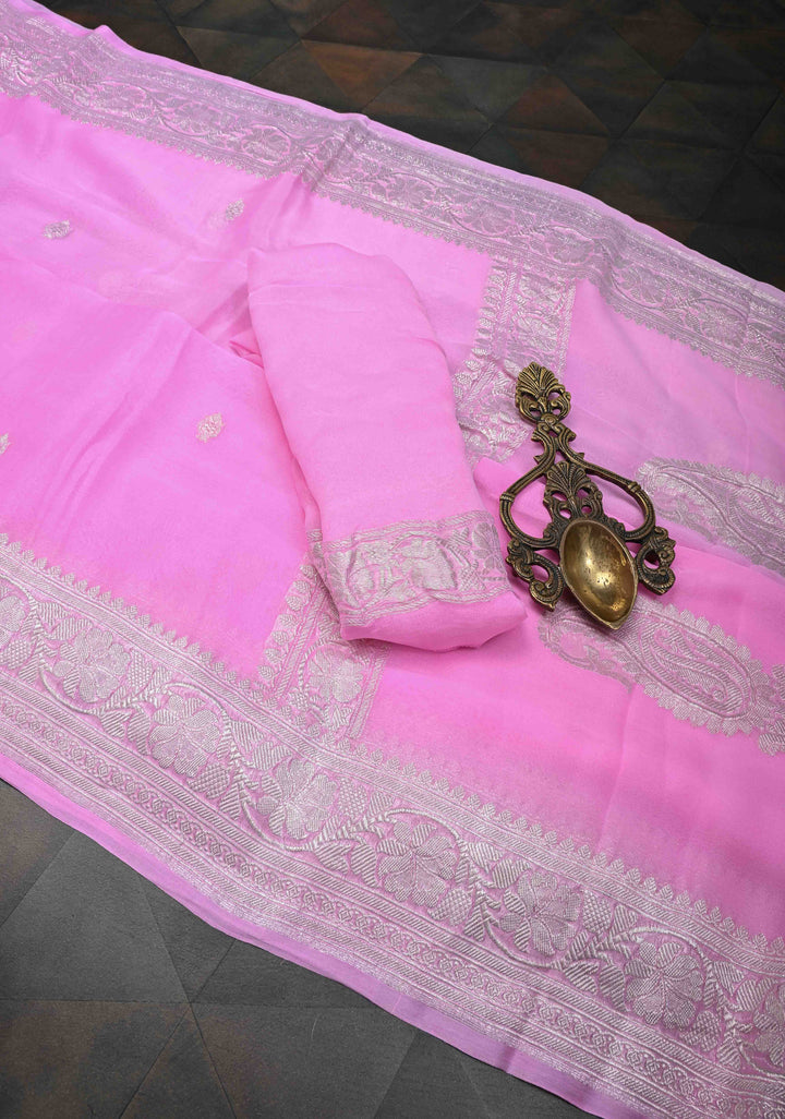Thistle Pure Chiffon Silk Saree with Silver tone Zari Buttas and Border | SILK MARK CERTIFIED