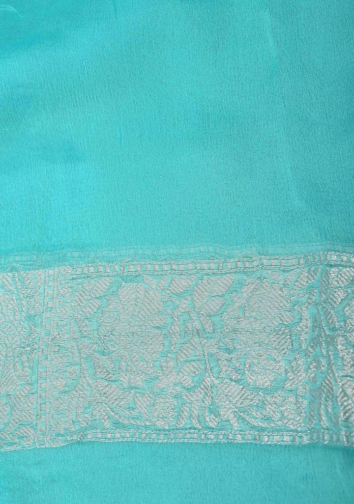Aqua Blue Pure Chiffon Silk Saree with Silver tone Zari Buttas and Border | SILK MARK CERTIFIED