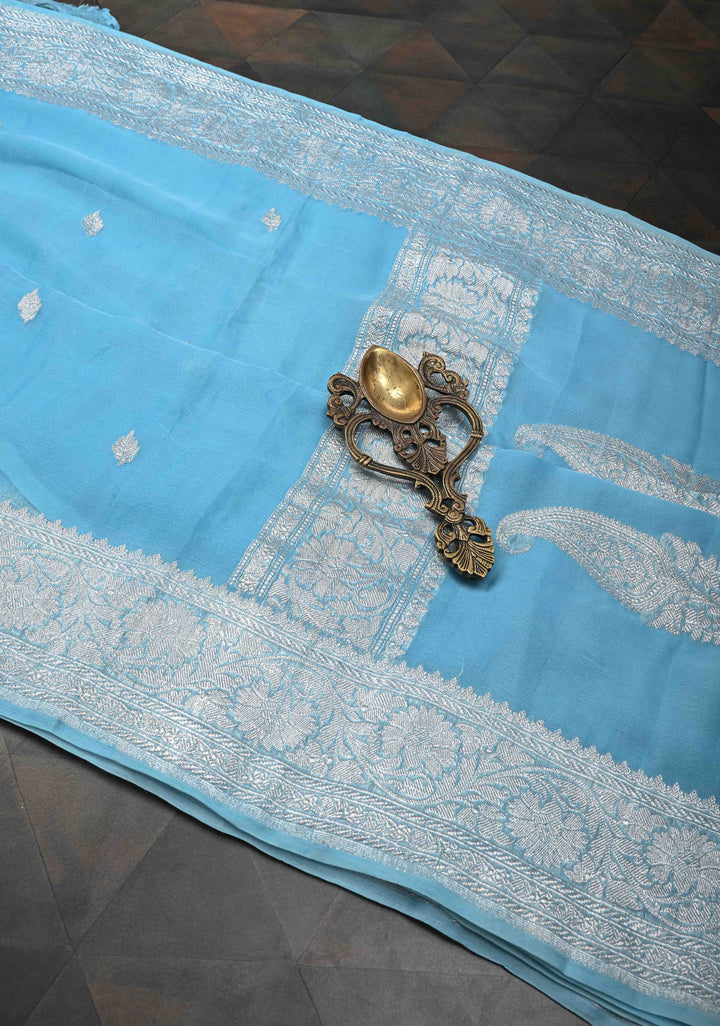 Pastel Blue Pure Chiffon Silk Saree with Silver tone Zari Buttas and Border | SILK MARK CERTIFIED