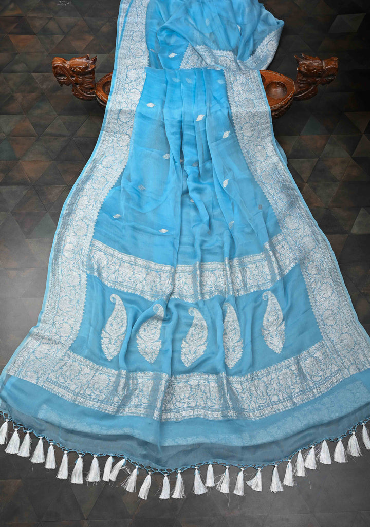 Pastel Blue Pure Chiffon Silk Saree with Silver tone Zari Buttas and Border | SILK MARK CERTIFIED