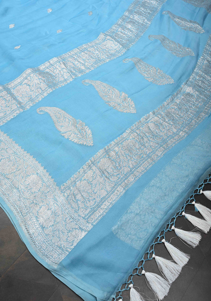 Pastel Blue Pure Chiffon Silk Saree with Silver tone Zari Buttas and Border | SILK MARK CERTIFIED