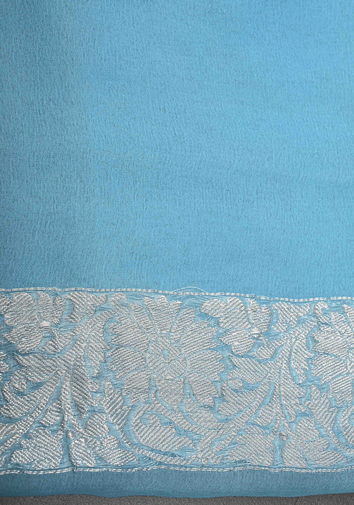 Pastel Blue Pure Chiffon Silk Saree with Silver tone Zari Buttas and Border | SILK MARK CERTIFIED