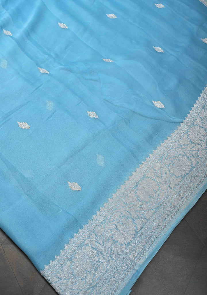 Pastel Blue Pure Chiffon Silk Saree with Silver tone Zari Buttas and Border | SILK MARK CERTIFIED