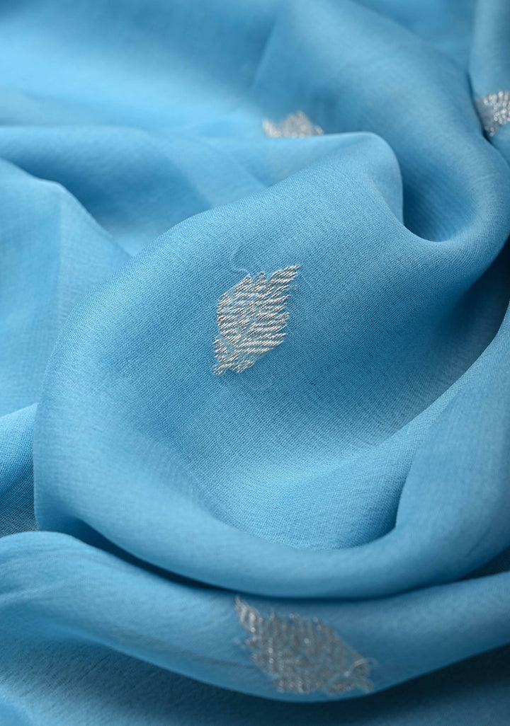 Pastel Blue Pure Chiffon Silk Saree with Silver tone Zari Buttas and Border | SILK MARK CERTIFIED