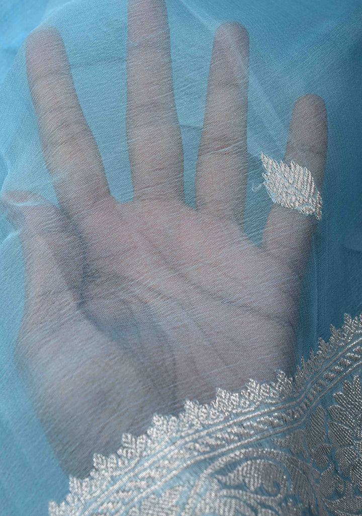 Pastel Blue Pure Chiffon Silk Saree with Silver tone Zari Buttas and Border | SILK MARK CERTIFIED