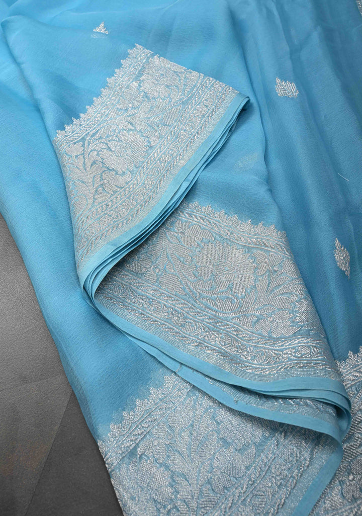Pastel Blue Pure Chiffon Silk Saree with Silver tone Zari Buttas and Border | SILK MARK CERTIFIED