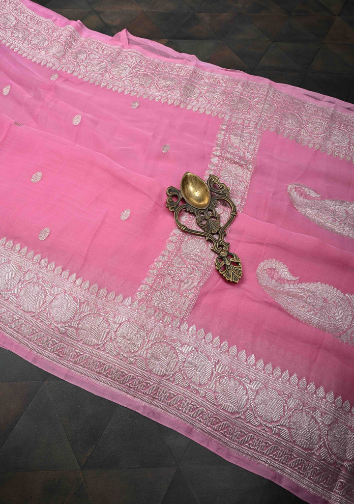 Pink Pure Chiffon Silk Saree with Silver tone Zari Buttas and Border | SILK MARK CERTIFIED
