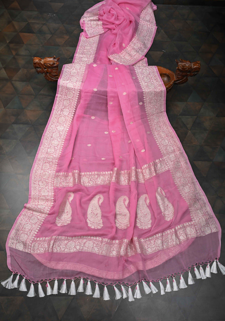 Pink Pure Chiffon Silk Saree with Silver tone Zari Buttas and Border | SILK MARK CERTIFIED