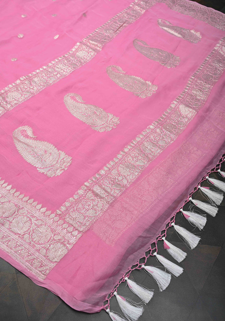 Pink Pure Chiffon Silk Saree with Silver tone Zari Buttas and Border | SILK MARK CERTIFIED
