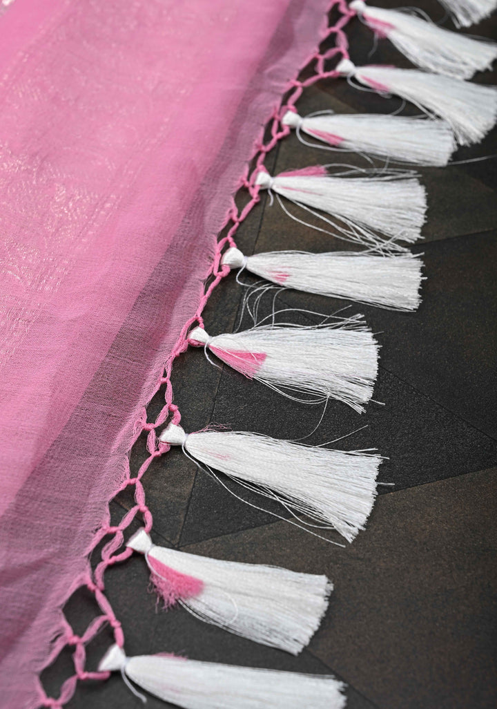 Pink Pure Chiffon Silk Saree with Silver tone Zari Buttas and Border | SILK MARK CERTIFIED