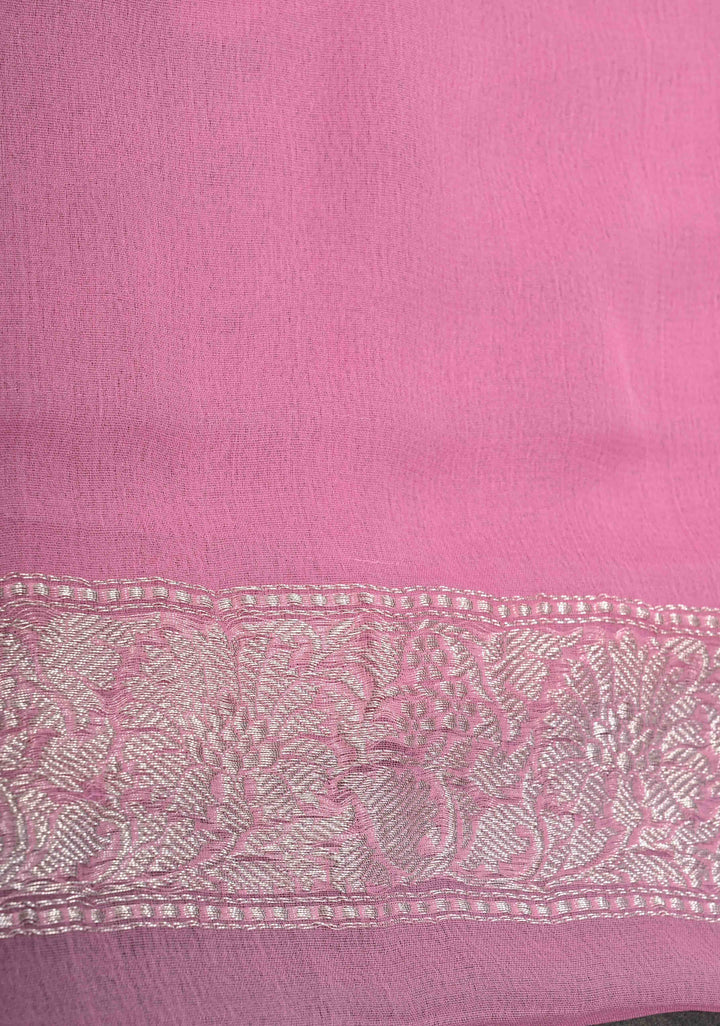 Pink Pure Chiffon Silk Saree with Silver tone Zari Buttas and Border | SILK MARK CERTIFIED