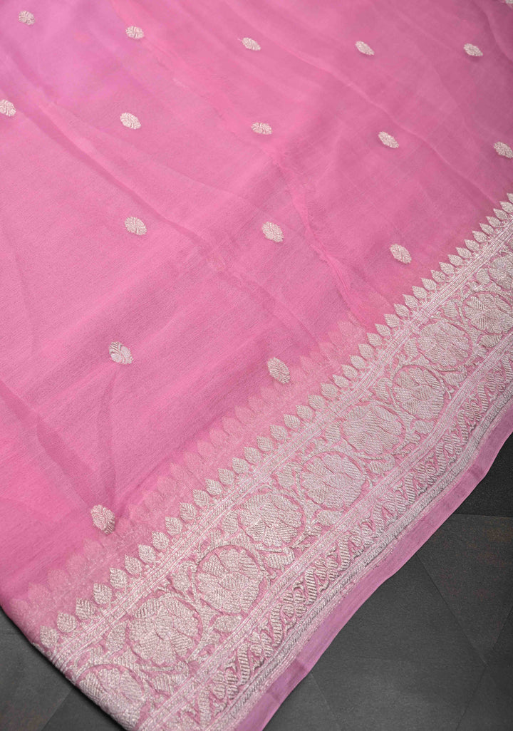 Pink Pure Chiffon Silk Saree with Silver tone Zari Buttas and Border | SILK MARK CERTIFIED