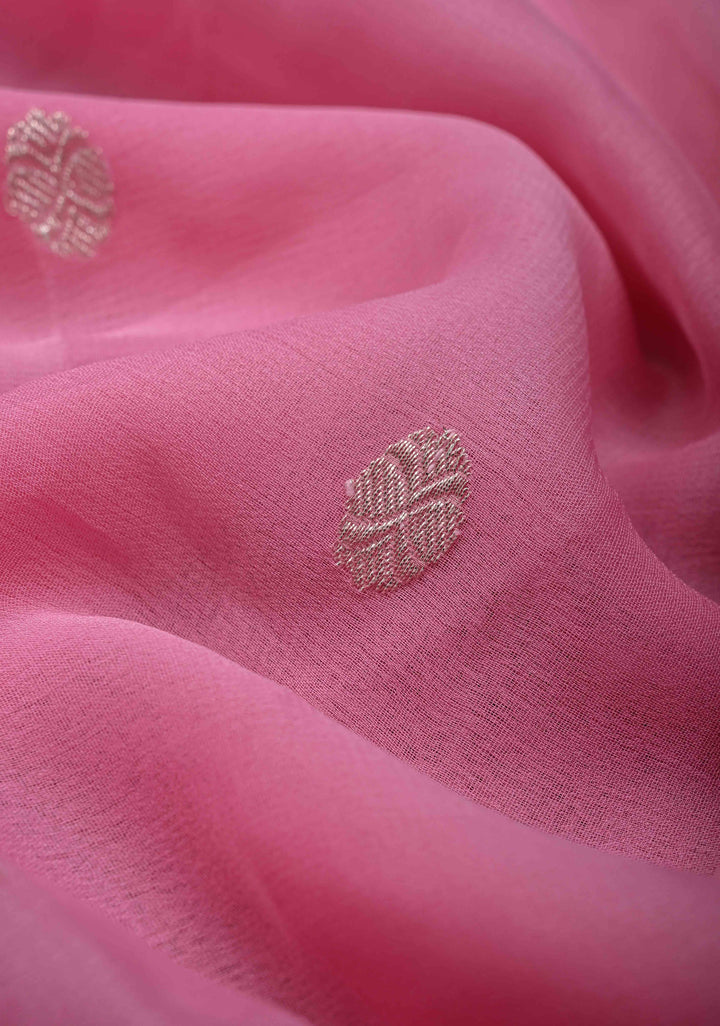 Pink Pure Chiffon Silk Saree with Silver tone Zari Buttas and Border | SILK MARK CERTIFIED