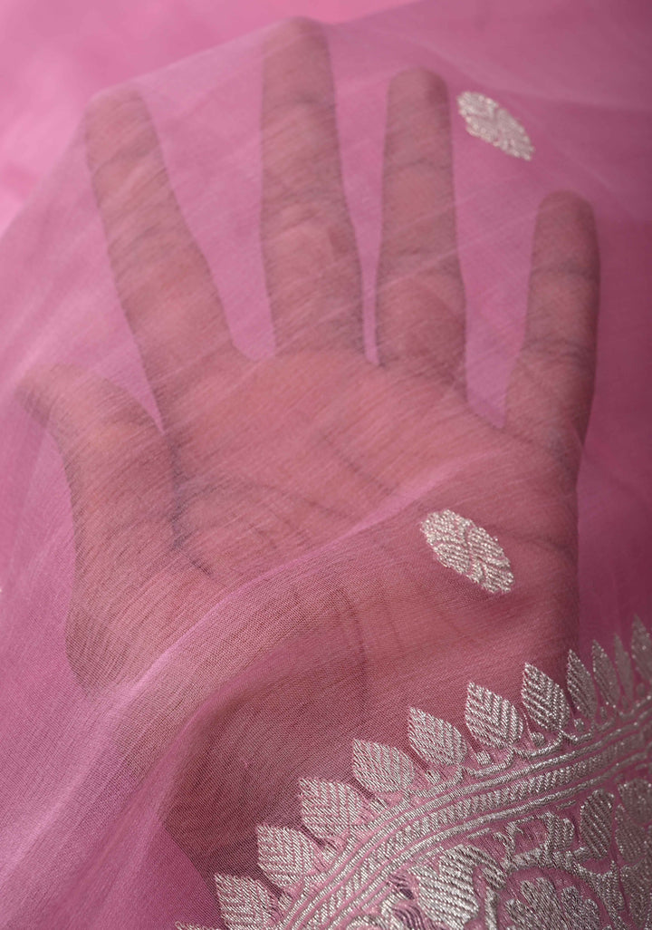 Pink Pure Chiffon Silk Saree with Silver tone Zari Buttas and Border | SILK MARK CERTIFIED