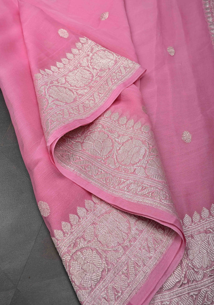 Pink Pure Chiffon Silk Saree with Silver tone Zari Buttas and Border | SILK MARK CERTIFIED