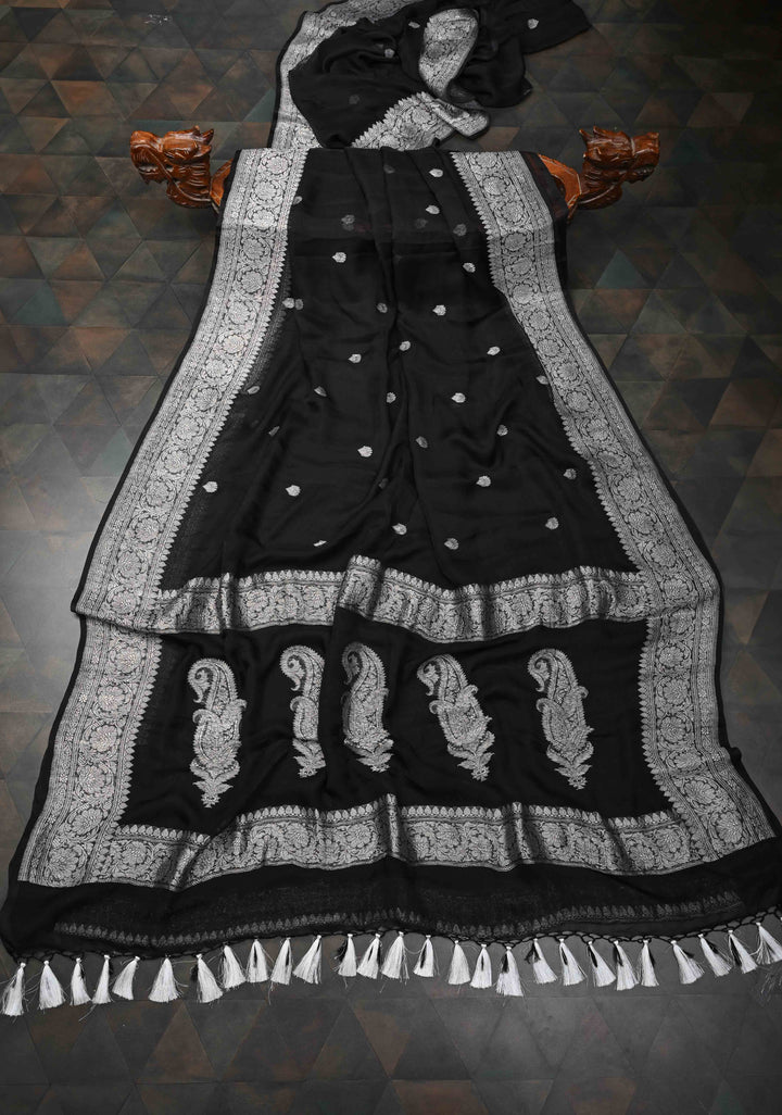 Black Pure Chiffon Silk Saree with Silver tone Zari Buttas and Border | SILK MARK CERTIFIED