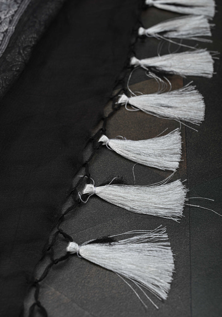 Black Pure Chiffon Silk Saree with Silver tone Zari Buttas and Border | SILK MARK CERTIFIED