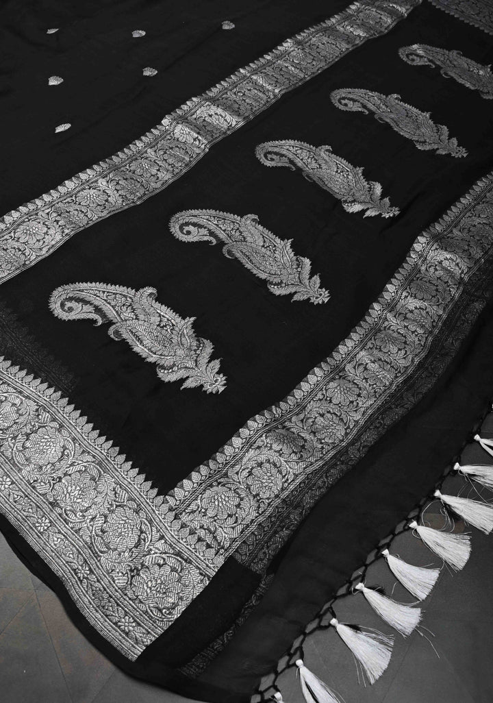 Black Pure Chiffon Silk Saree with Silver tone Zari Buttas and Border | SILK MARK CERTIFIED