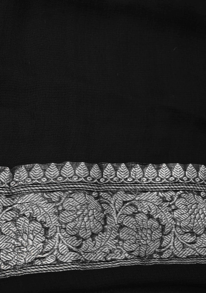Black Pure Chiffon Silk Saree with Silver tone Zari Buttas and Border | SILK MARK CERTIFIED