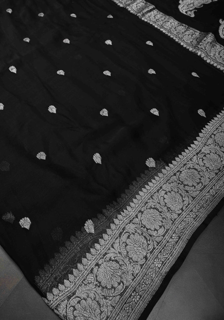 Black Pure Chiffon Silk Saree with Silver tone Zari Buttas and Border | SILK MARK CERTIFIED