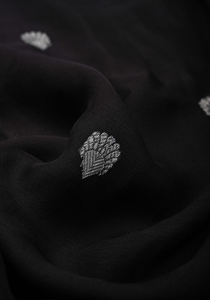 Black Pure Chiffon Silk Saree with Silver tone Zari Buttas and Border | SILK MARK CERTIFIED