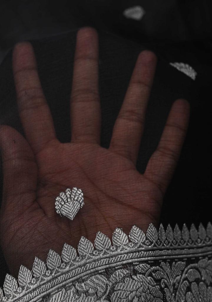 Black Pure Chiffon Silk Saree with Silver tone Zari Buttas and Border | SILK MARK CERTIFIED