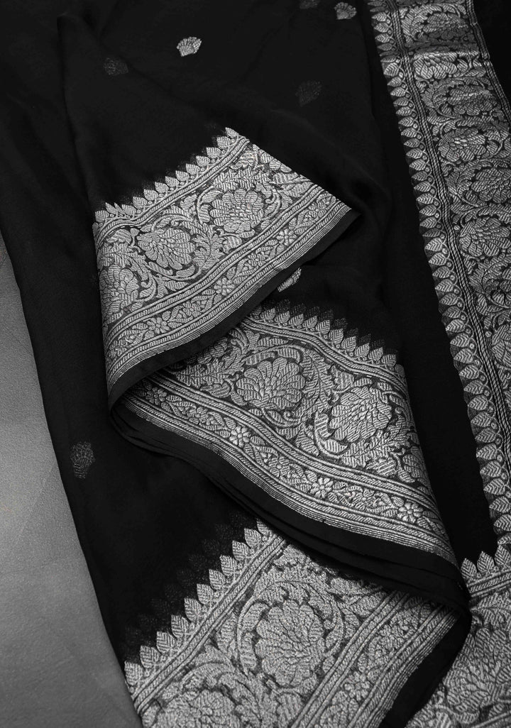 Black Pure Chiffon Silk Saree with Silver tone Zari Buttas and Border | SILK MARK CERTIFIED