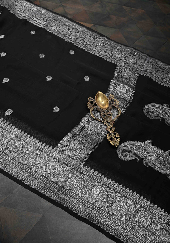 Black Pure Chiffon Silk Saree with Silver tone Zari Buttas and Border | SILK MARK CERTIFIED