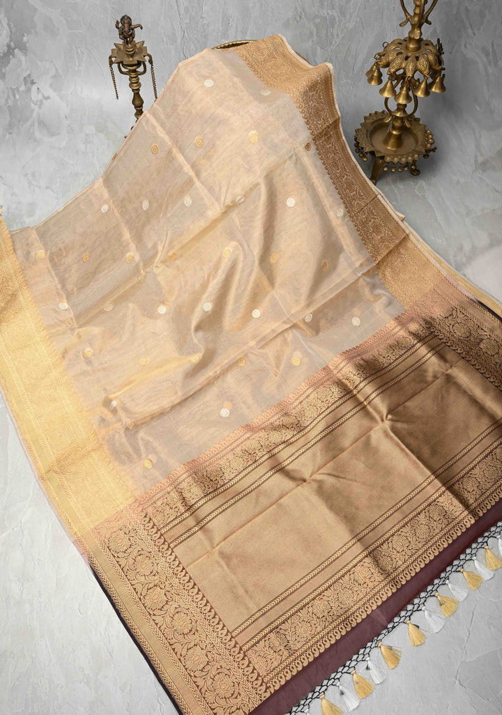 Beige-Burgundy Banarasi Half Kora and Half Tissue Saree with Sona Rupa Buttas and Zari Stripes | Silk Mark Certified