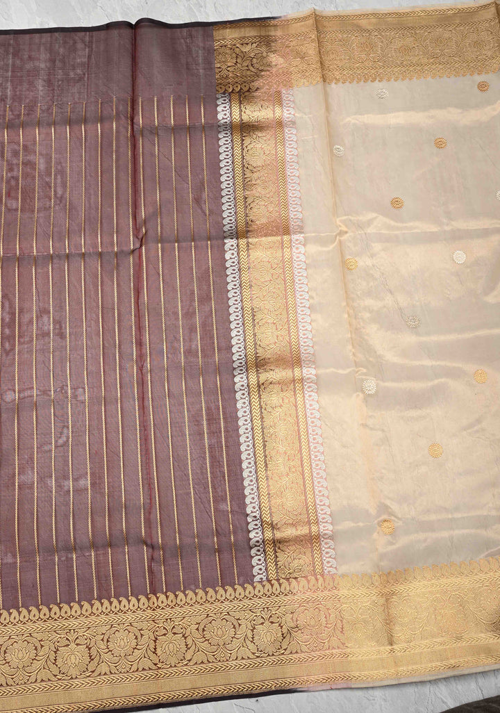 Beige-Burgundy Banarasi Half Kora and Half Tissue Saree with Sona Rupa Buttas and Zari Stripes | Silk Mark Certified