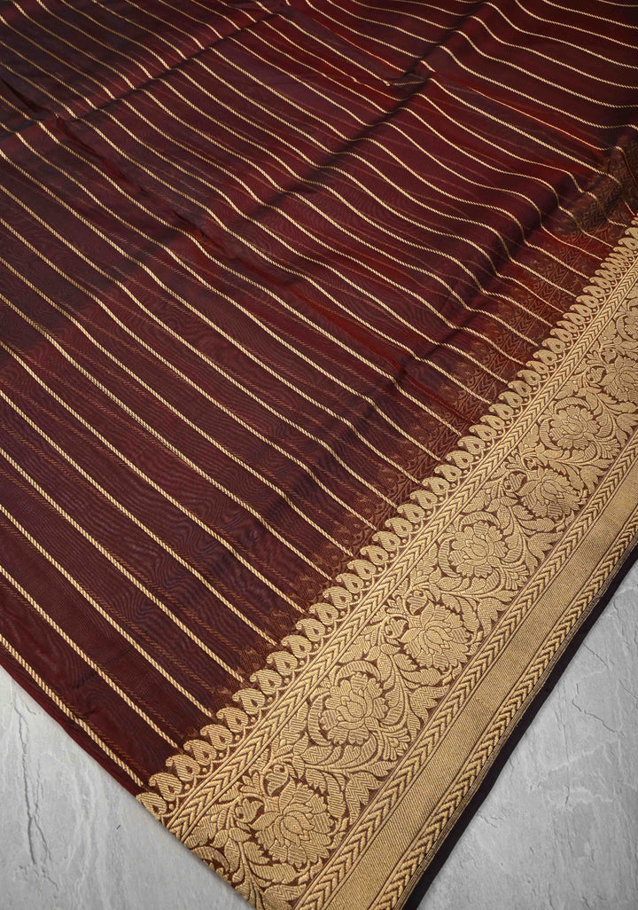 Beige-Burgundy Banarasi Half Kora and Half Tissue Saree with Sona Rupa Buttas and Zari Stripes | Silk Mark Certified
