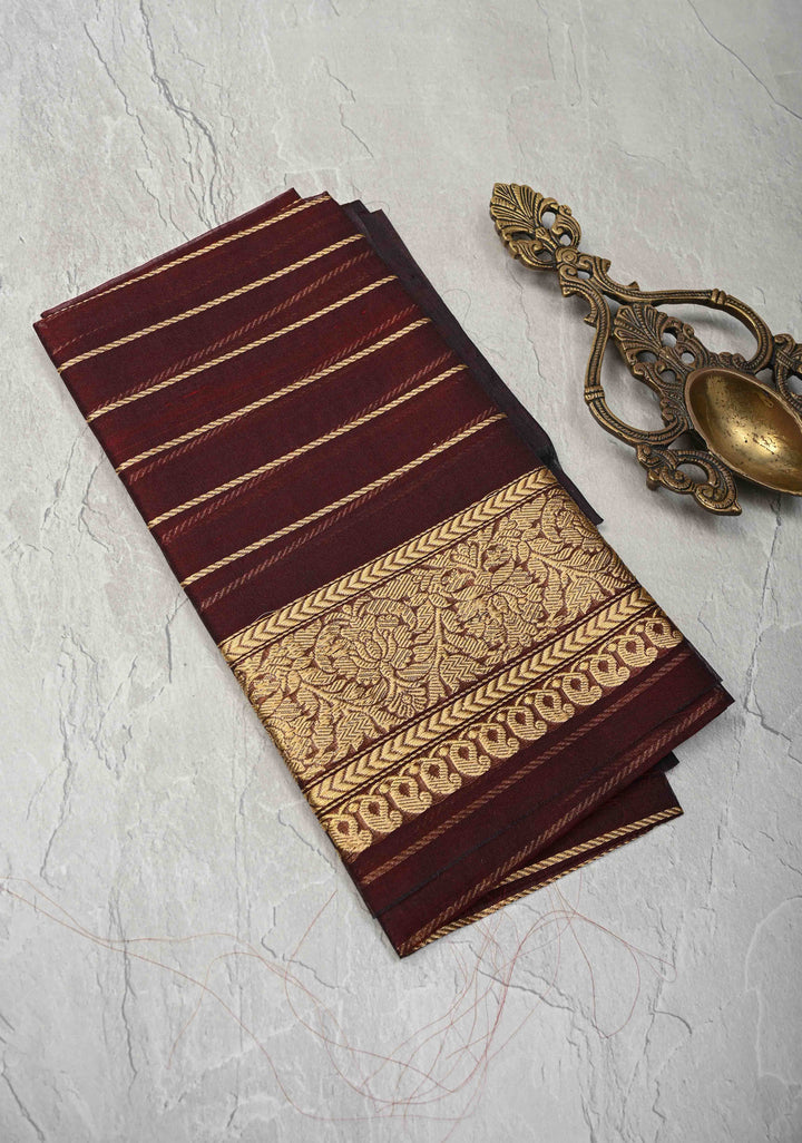 Beige-Burgundy Banarasi Half Kora and Half Tissue Saree with Sona Rupa Buttas and Zari Stripes | Silk Mark Certified