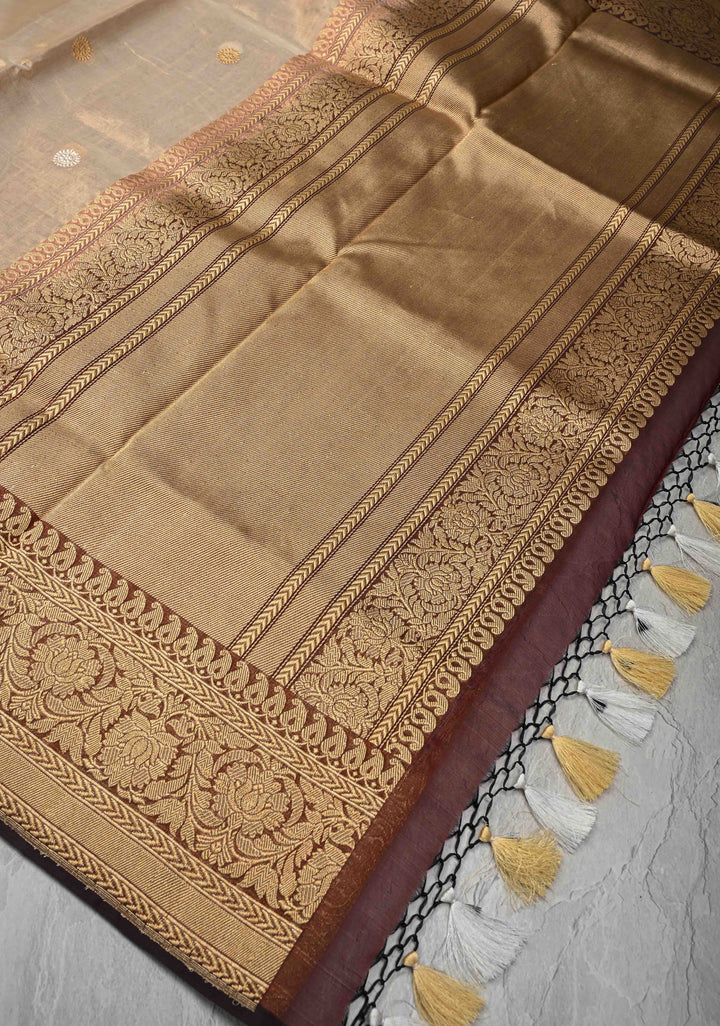 Beige-Burgundy Banarasi Half Kora and Half Tissue Saree with Sona Rupa Buttas and Zari Stripes | Silk Mark Certified