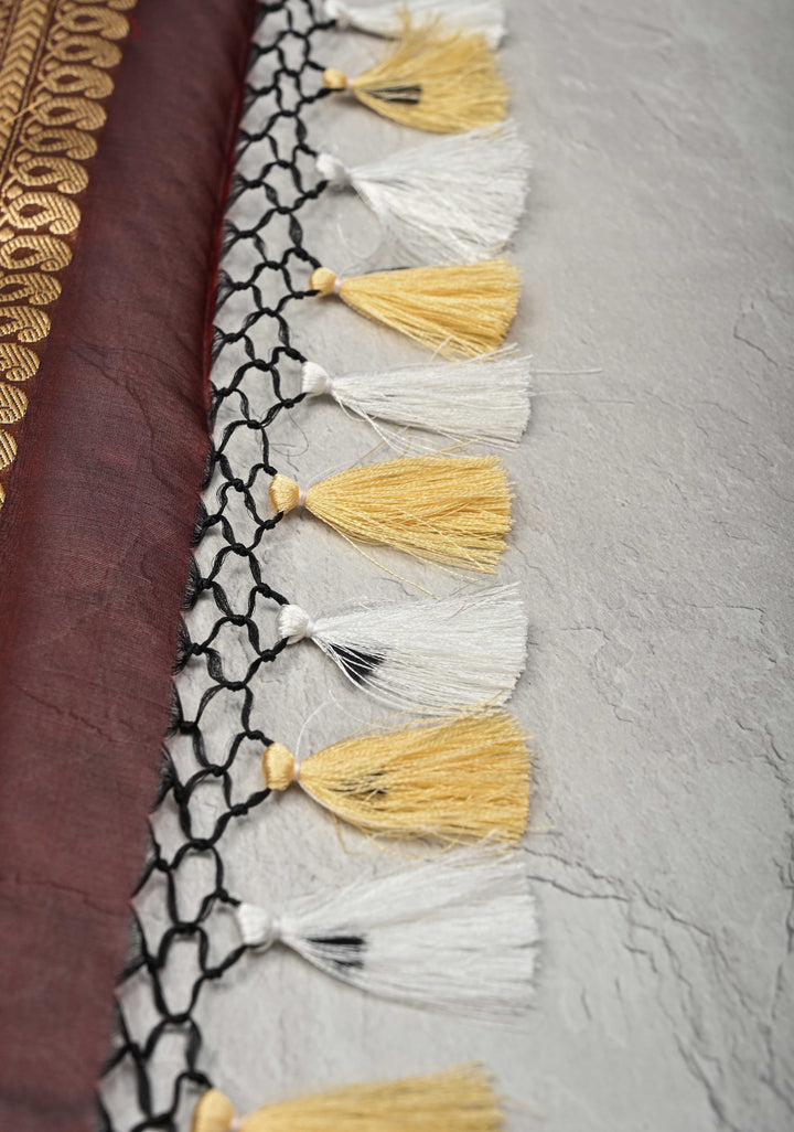 Beige-Burgundy Banarasi Half Kora and Half Tissue Saree with Sona Rupa Buttas and Zari Stripes | Silk Mark Certified