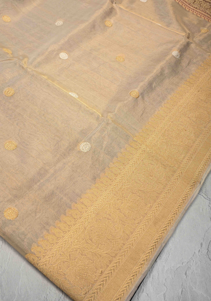 Beige-Burgundy Banarasi Half Kora and Half Tissue Saree with Sona Rupa Buttas and Zari Stripes | Silk Mark Certified