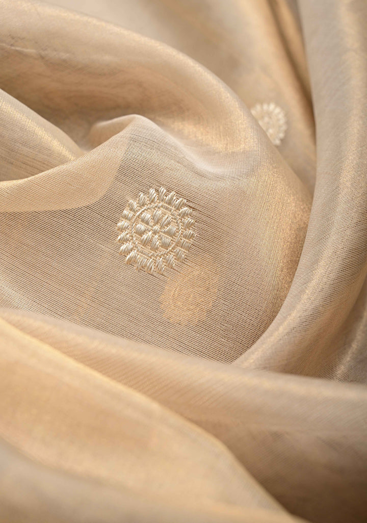 Beige-Burgundy Banarasi Half Kora and Half Tissue Saree with Sona Rupa Buttas and Zari Stripes | Silk Mark Certified