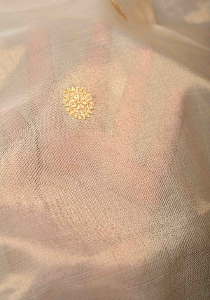 Beige-Burgundy Banarasi Half Kora and Half Tissue Saree with Sona Rupa Buttas and Zari Stripes | Silk Mark Certified