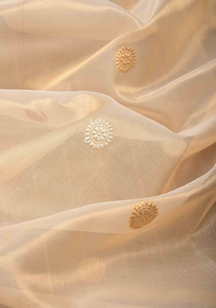 Beige-Burgundy Banarasi Half Kora and Half Tissue Saree with Sona Rupa Buttas and Zari Stripes | Silk Mark Certified