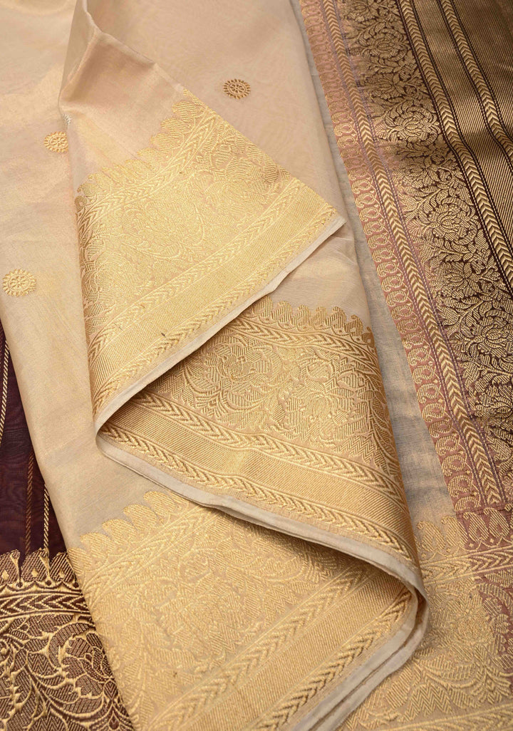 Beige-Burgundy Banarasi Half Kora and Half Tissue Saree with Sona Rupa Buttas and Zari Stripes | Silk Mark Certified