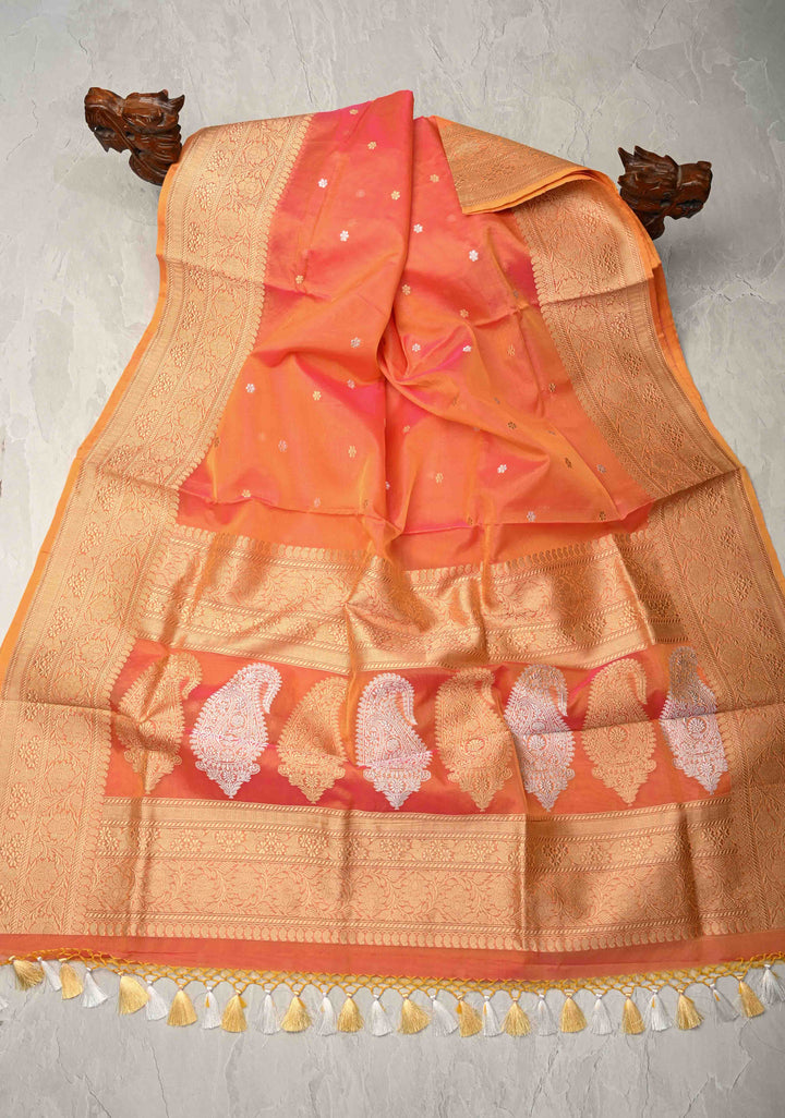 Exquisite Banarasi Kora Silk Saree with Chunri Buttas in Pink and Mustard Dual Tone with Zari Border | SILK MARK CERTIFIED